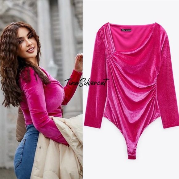 BLOGGER'S FAVE! Zara Velvet Bodysuit Barbie Pink Sz S NWT - Picture 14 of 16